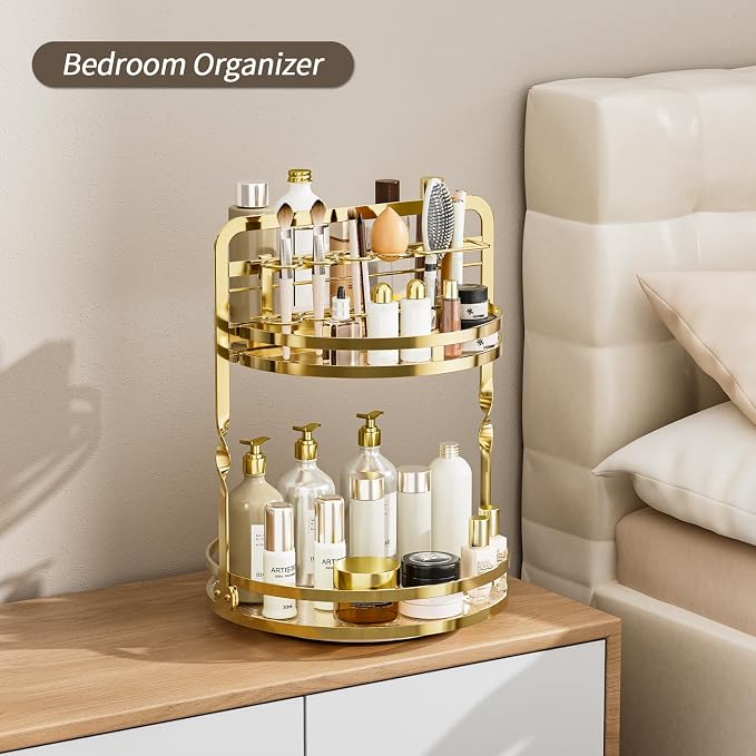 360 Rotating Makeup Organizer,Perfume Organizer, Bathroom Counter Organizer | 2-Tier Large Capacity Gold Vanity Organizer for Dresser,Perfume Shelf with Makeup Brush Holder Stores Skincare and Cosmetics