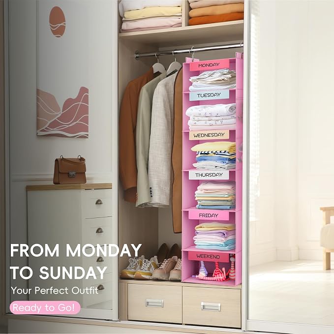 Weekly Hanging Closet Organizer for Kids, 6-Shelf Clothes Storage with Labeled Days of The Week Monday Through Friday, Weekday and Weekend, Days of the Week Clothes Organizer