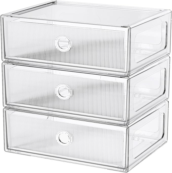 3 Tier Clear Makeup Drawer, PET Cosmetic Storage Organizer for Dresser, Countertop & Bathroom Vanity, Holders for Lipstick, Brushes, Skincare & Beauty Supplies