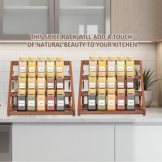 Spice Rack - Tiered Spice Rack Organization for Cabinet - 3 Tier Bamboo Display Spice Shelf for Countertop