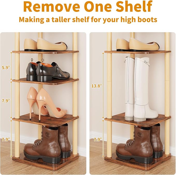 8 Tiers Vertical Shoe Rack, Tall Narrow Shoe Tower, Corner Shoe Rack, Brown | Small Shoe Organizer for Entryway, Closet, Dorm & Small Spaces, Freestanding Wooden Shoe Shelf for Boots, Sneakers, Heels.