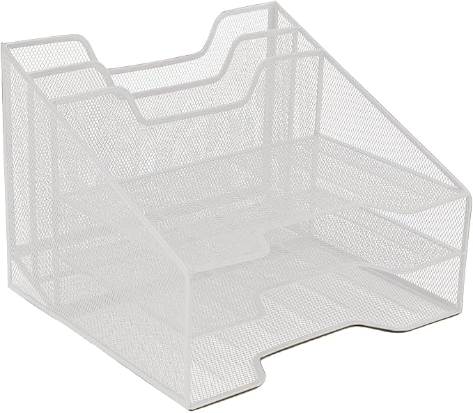 Mind Reader Metal Mesh Desktop File Organizer, 3-Tier Paper Tray with 5 Compartments, Office Mail Sorter, White