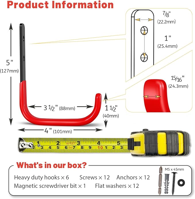 4 Inch Garage Hooks, 6 Pack Heavy Duty Wall Hooks for Hanging | Ladder Hooks for Garage Wall Mount, Steel J Utility Garden Hose Holder Tool Organizers and Storage | 55lbs