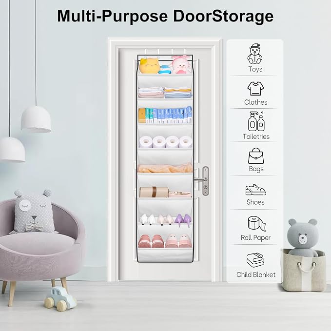 SLEEPING LAMB Over The Door Shoe Organizer for Closet with Large Deep Pockets, Narrow Shoe Rack for Door Hanging Boots Storage, White