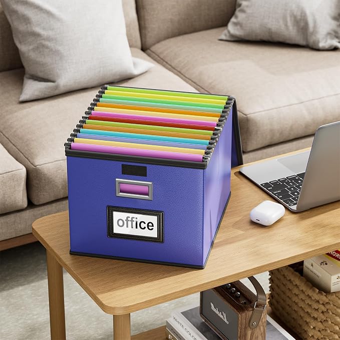 File Organizer Box with Lids, Collapsible File Folder Organizer | File Box with Plastic Slides for Document, Filing Bin for Letter Size Hanging File Folders (1 Pack, Navy Blue, Leather)