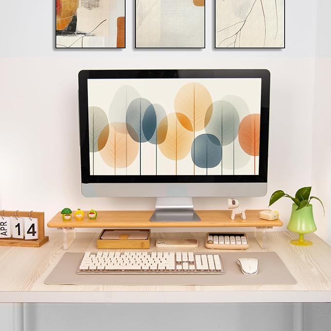Bamboo Monitor Stand Riser, Natural Desk Shelf with Acrylic Legs | 31.5-Inch Wide, 3.3-Inch Clearance, Fits Monitor, Laptop, Printer and Speakers for Small Desks