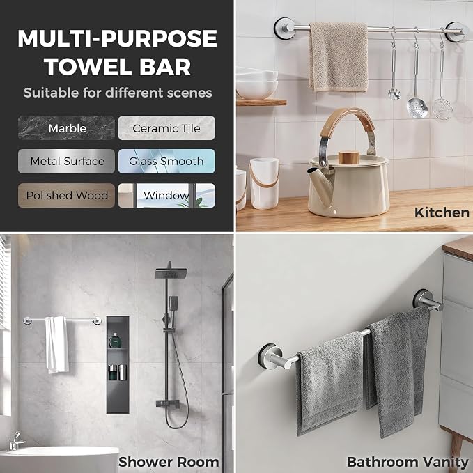 Adjustable Suction Cup Towel Bar for Bathroom Wall,14.6Inch~24 Inch Towel Racks for Bathroom,Stainless Steel Bath Towel Holder for Shower,2 Pack(Brushed Silver)