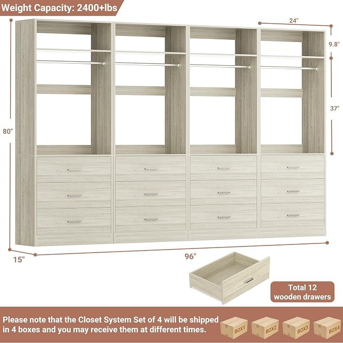 Besiost Closet System Set of 4, 8FT Closet Systems with 12 Wood Drawers, 96" Closet Organizer System with 4 Hanging Rods & 4 Shelves,Heavy Duty 96 Inch Walk-in Closet,White Oak (96"L x 15" W x 80" H)