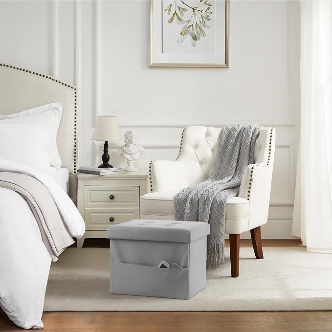 Bsketa Storage Ottoman Bench,16 Inch Folding Leather Foot Rest Stool, Grey | Small Ottoman with Side Pockets, Thicker Foam Padded Seat, Livingroom, Dorm, Bedroom, Easy to install, 38L, 16x12x12in