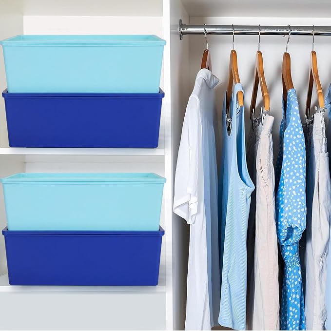 6 Pcs Large Plastic Storage Bins with Lids 14.4 x 10.4 x 5.1 Inch Stackable Storage Containers Decorative Cubby Organizer for Clothes Shelves Garage Closet Office (Blue Series)