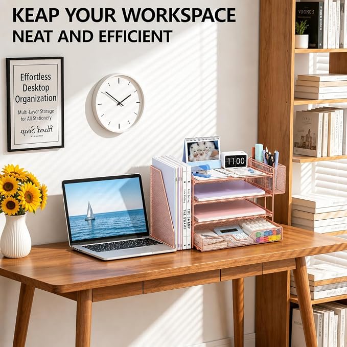 OPNICE Desk Organizer, 4-Tier Desktop File Organizer with Drawer and Pen Holders, Office Desk Accessories, File Sorters, Workspace Organizers for Office Supplies(Rose Gold - Metal Pen Holder)
