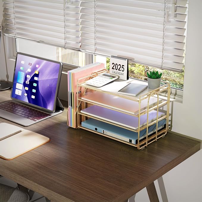 gianotter 4-Tier Paper Organizer With Magazine Holder, Desk Organizers and Accessories, Desk Accessories & Workspace Organizers, File Organizer for Office Supplies Storag (Gold, 4-Tier)