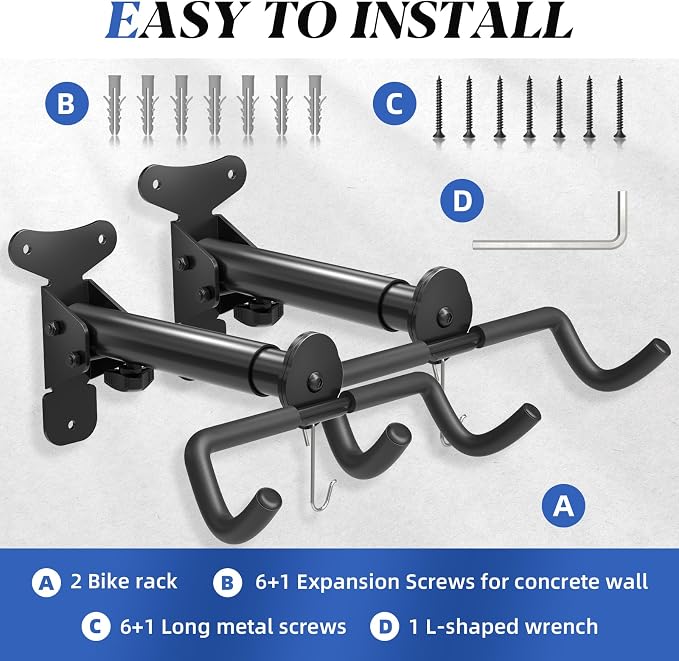 Goovilla Bike Wall Mount Hanger for Mountain/Road/Hybrid Bikes,2Pack Black | Adjustable - Space Saving Horizontal Bicycle Rack | Secure Home Garage Storage with Easy Installation | Cycling Holder Hook