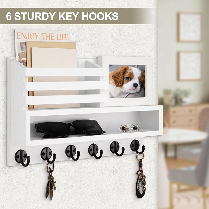 Key and Mail Holder Wall Mount, Key Hanger with Long Storage Box and Key Hooks for Coat, Dog Leash, Home Decor Rack, House Accessories, Entry Way Organizer