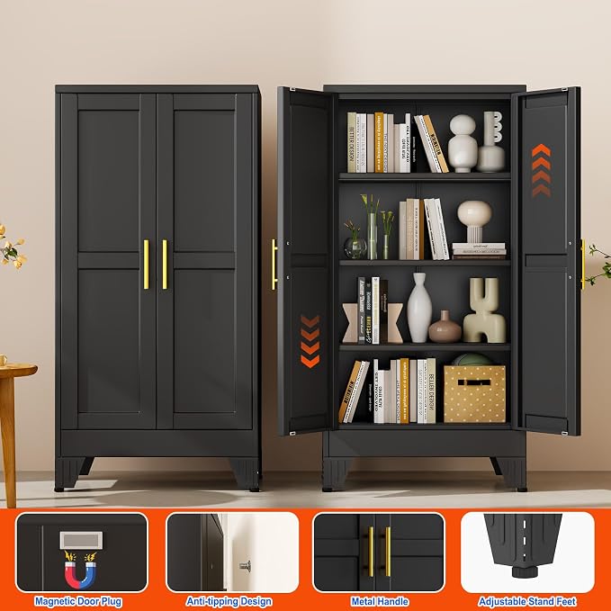 GAIOUS 47.2'' Tall Metal Garage Storage Cabinet,File Cabinet with Door and Adjustable Shelves, Outdoor Steel Tool Cabinet for Home,Office,Warehouse,Garage,Balck