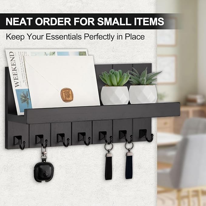 Key Holder for Wall, Decorative Key Holder with Shelf, Key and Mail Holder Wall Mount, Farmhouse Decor with 7 Key Hooks for Keys, Coats, ect.