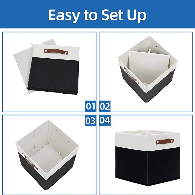 Temary Foldable Storage Cubes Set of 4 - Organizers with Handles, Decorative Storage Boxes for Home, Office (White&Black)