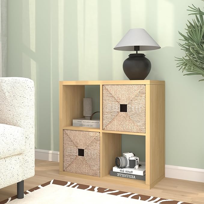 CTESNE【2026 Wooden Thick Frame 4 Cube Storage Organizer Shelf with Anti-Tipping Kits + Reversible Open Back Bookcase, Horizontal and Vertical Dual-use(Oak Color,11inch)