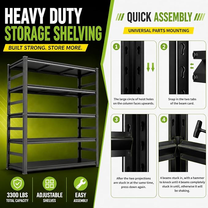 Garage Shelving,2-in-1 Adjustable Storage Shelves with Guard | 3300LBS Capacity Heavy Duty Shelving,Metal Shelf Reinforced Double-Layer Columns for Garage Basement Kitchen Black
