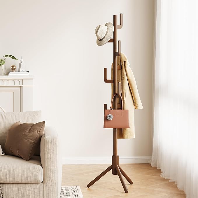 Yoobure Solid Wood Coat Rack - Cactus Coat Tree Freestanding with 8 Hooks, Coat Hanger Stand with 3 Adjustable Sizes for Jacket, Hat, Clothes Stands for Hall, Entryway, Bedroom, Office, Living Room