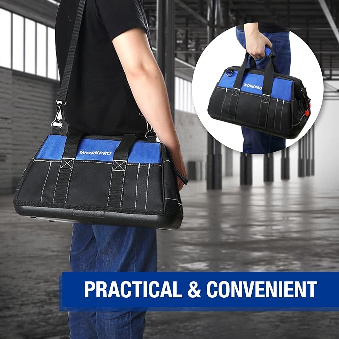 WORKPRO 16-inch Wide Mouth Tool Bag with Water Proof Molded Base | Multi-Pocket, Heavy Duty Cloth, Adjustable Shoulder Strap, Double-pull Zipper, For Workshops, Outdoor Projects