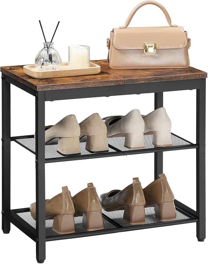 HOOBRO Shoe Bench, 3-Tier Shoe Rack, Industrial Shoe Organizer Storage Bench, 19.7 inches Entry Bench with Mesh Shelves, for Entryway, Living Room, Hallway, Easy Assembly, Rustic Brown BF50HX01