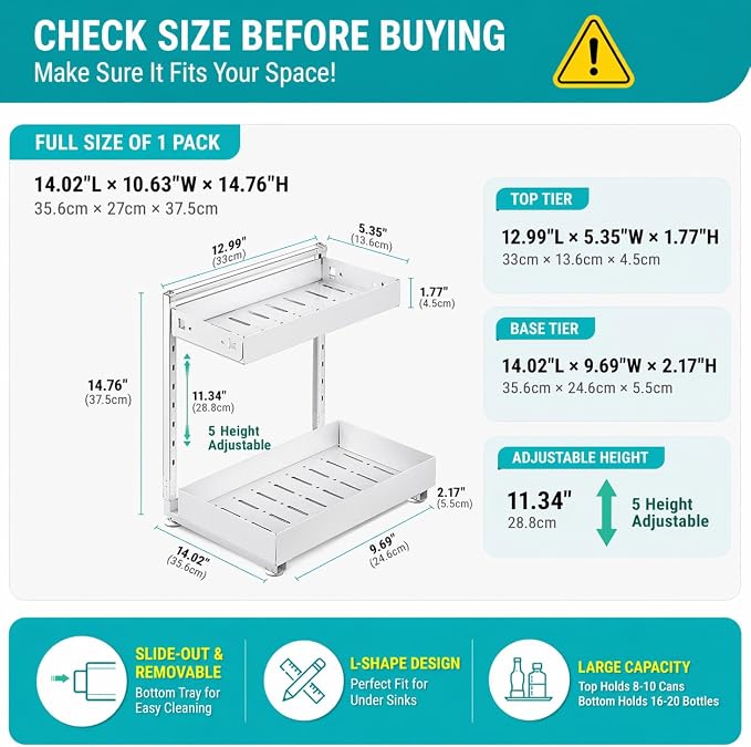 Under Sink Organizer 2 Pack, 2-Tier Metal Slide-Out, Height Adjustable | 2-pack pull-out under sink shelf, 2-tier cream white metal, adjustable height, fits U-pipes, 50lbs hold