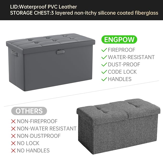 ENGPOW Storage Ottoman Bench,Fireproof Folding Bench with Lock,30 Inches Fire&Water Resistant Storage Chest Foot Rest Stool Leather Bedroom Ottoman Safe for Documents,Valuables, Grey