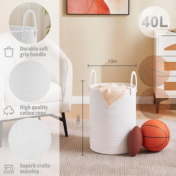 Artfeel Laundry Basket,Woven Cotton Rope Laundry Hamper,40L for Decorative Storage of Dirty Clothes,Toys and Blankets in Bathroom,Baby Room and Living Room