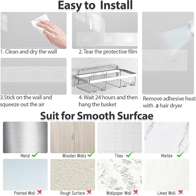 Liuoud 10 Pack Shower Caddy Organizer Rack Shelf for Inside Shower, Self Adhesive Wall Storage Basket Rustproof Stainless Steel Shampoo Holder Bathroom Accessory Decor Set, Silver