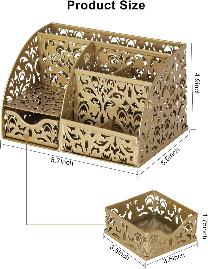 EasyPAG Desk Organizer and Pen Holder for Desk, Mesh Office Supplies Storage Caddy with Drawer for Small Space, Desktop Organizer for Home Office, Gold