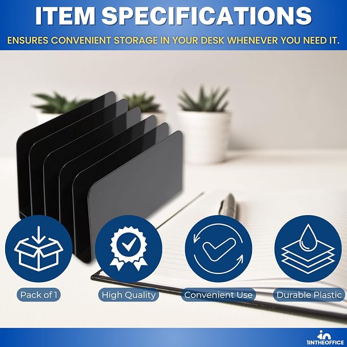 1InTheOffice Inclined Desktop File Organizer, Plastic Desk File Sorter for Documents, Space-Saving, Black, 5 Compartments