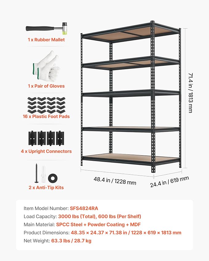 VEVOR Storage Shelves, 5-Tier Adjustable, 3000 lbs Capacity Heavy Duty | Storage Shelving Unit, Metal Utility Rack Shelf, Ideal for Garage Workshop Warehouse Basement, 48.35" W x 24.37" D x 71.38" H