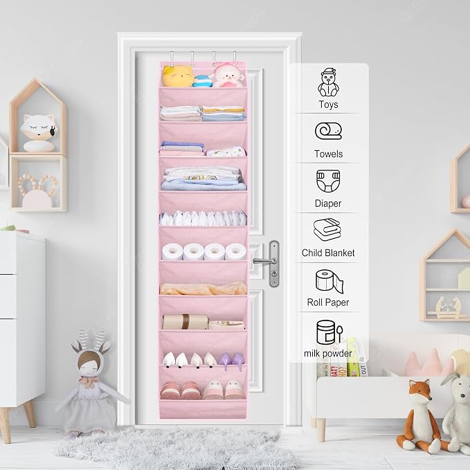 SLEEPING LAMB Over The Door Shoe Organizer for Closet with Large Deep Pockets, Narrow Shoe Rack for Door Hanging Boots Storage, Pink