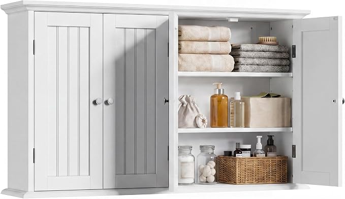 ChooChoo Laundry Cabinet with 4 Doors and Adjustable Shelves | 9.06"D x 40.9"W x 24"H, Bathroom Wall Cabinet, Cupboard, White