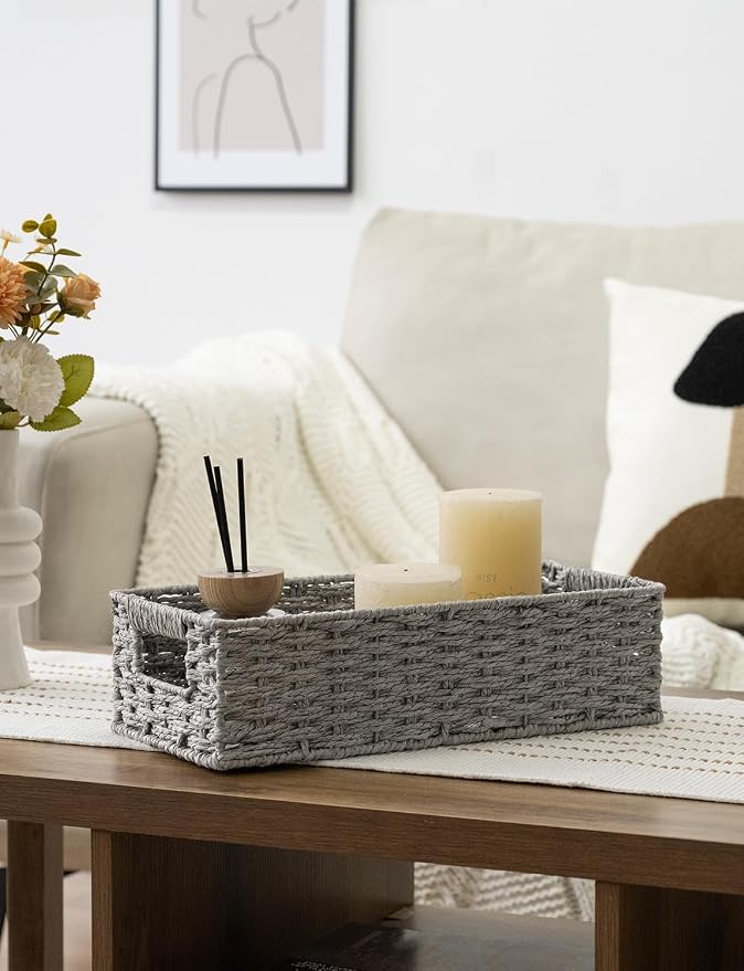 StorageWorks Toilet Tank Basket for Bathroom, Wicker Storage Baskets, Gray | Paper Rope Toilet Paper Baskets for Back of Toilet Tank Top, Bathroom Basket Organizer with Built-in Handles for Storage