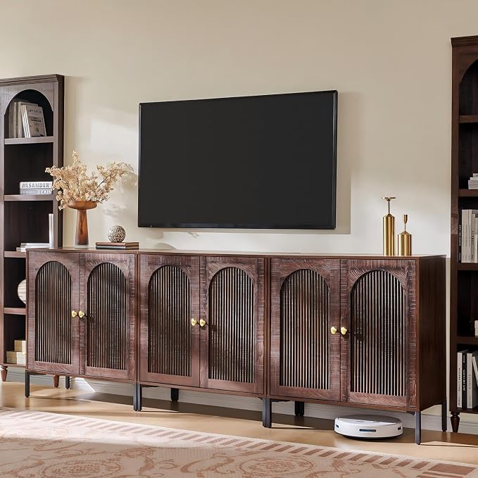IFGET 92.63" W Modern Arched Sideboard Buffet Cabinet with Storage, Brown | Fluted Arch Sideboard Cabinet w/Adjustable Shelves, Wooden Modular Kitchen Cabinet for Dining& Living Room, Entryway