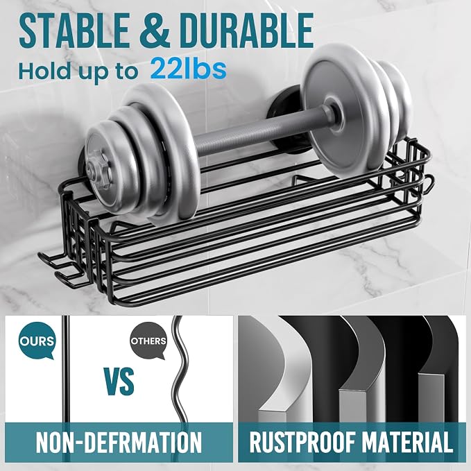 TAILI Shower Caddy Suction Cup 2 Pack with Hooks & Soap holder, Heavy Duty Shower Organizer for Bathroom, No Drilling Bathroom Organizer with Large Capacity, Black Metal Storage Basket