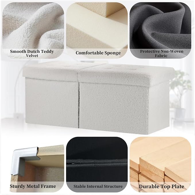 Bsketa Storage Ottoman Bench, 34" Folding Velvet Foot Rest Stool, White | Large Ottoman with Storage, Thicker Foam Padded Seat, Livingroom, Dorm, Bedroom, Easy to install, 86L,34 x 13 x 13in