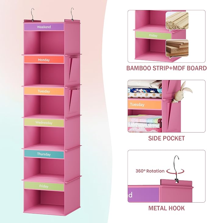 YOUDENOVA Weekly Clothes Organizer for Kids, Hanging Closet Organizer, Pink | Days of the Week Clothes Organizer, Reinforced Bamboo Slats, Kids' School Outfit Planning, Breathable Fabric, 2 Side Pockets