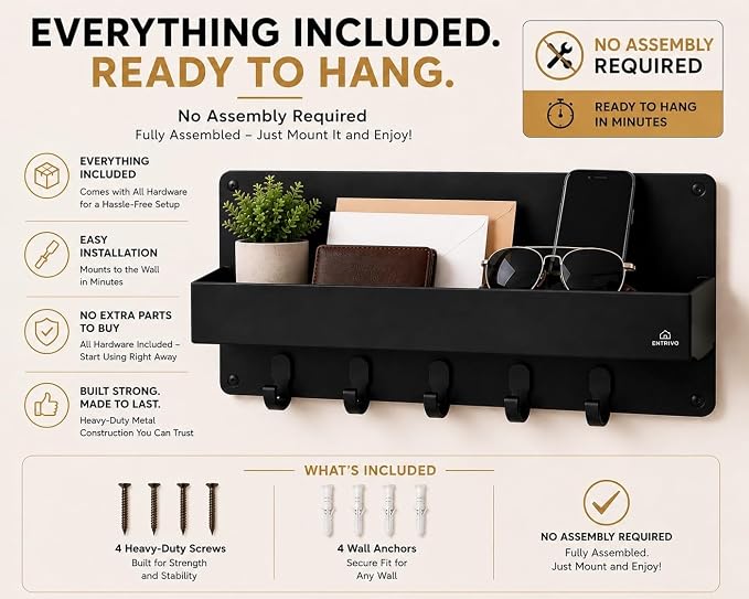 Modern Large Wall Mounted Key Holder with Deep Shelf, Entryway Organizer with 5 Heavy Duty Hooks, Metal Key Rack for Wall, Mail Holder & Dog Leash Hanger, Black