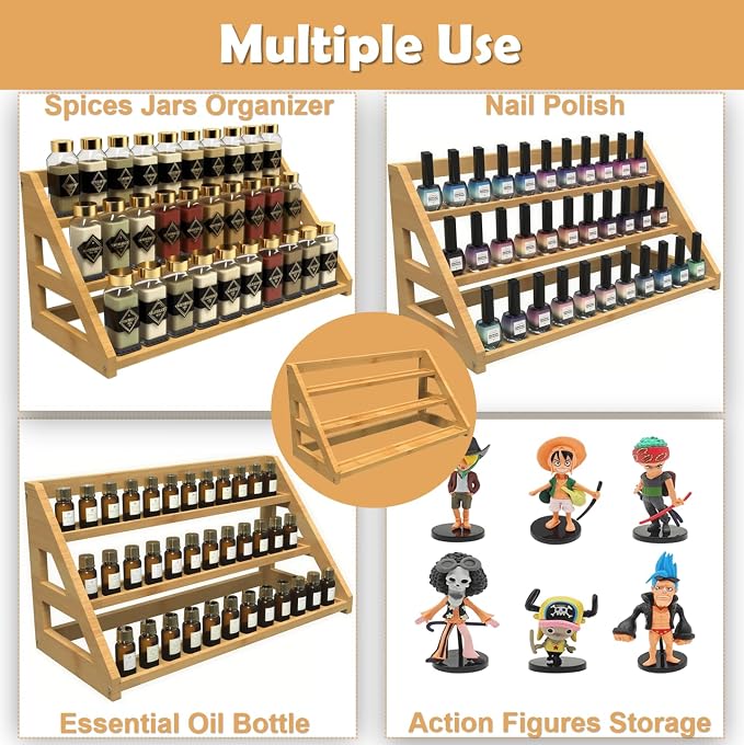Bamboo Tier Spice Rack Organizer: 17.5 Inch Wide Kitchen Cabinet Countertop Spice Jar Organizer for Home Organization