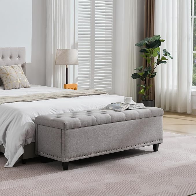 Tbfit Long Ottoman with Storage, 50.8" End of Bed Bench with Safety Hinge&Rivets, Entryway Benches Large Storage Ottoman Bench for Bedroom, Living Room, Holds up to 660 lb(Light Grey)