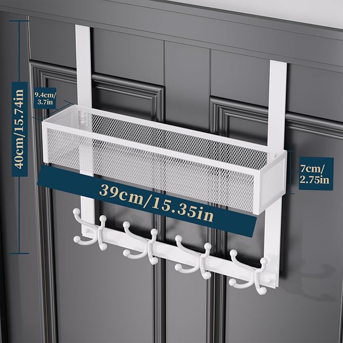Consumest Over The Door Hooks Organizer - 2 Tier Over Door Hanger with 16 Hooks & 2 Baskets for Hanging Coat, Clothing, Towel, Back Storage for Bathroom, Closet, College Dorm, White