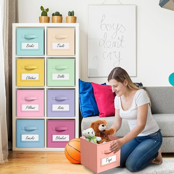 Teenyyou 10 Pack Fabric Storage Cubes 13 Inch Collapsible Cube Bins with Label Window & Handle Foldable Organizers Baskets for Shelf Closet Nursery Kids Room Clothes Book Toy(Macaroon)