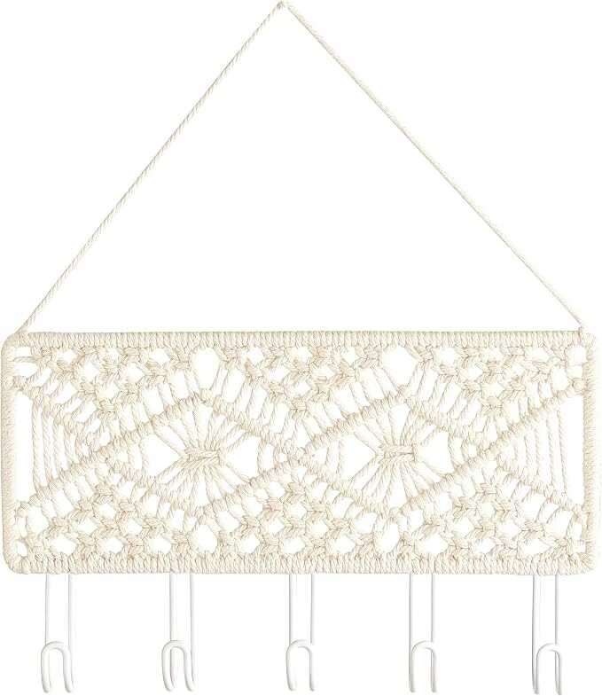 Mkono Key Holder for Wall Decorative Small Macrame Key Holder Boho Home Decor 5 Hooks Display Key Hanger for Entryway, Hallway, Bedroom, Living Room