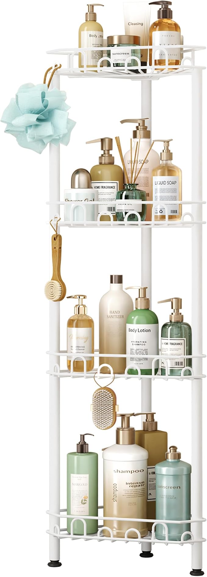 SWTYMIKI Standing Shower Caddy Corner - 4‑Tier Stainless Steel Shower Organizer Shelf with 16 Hooks and Adhesive Pads, Rustproof Corner Shelves Stand Rack for Bathroom Shower Room, white