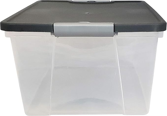 HOMZ Clear Plastic Storage Bins with Snaplock Secure Latching Lids | Easy Grip Handles | Stackable & Nestable Organizing Totes | Grey Lid | 15 Quart, Pack of 4