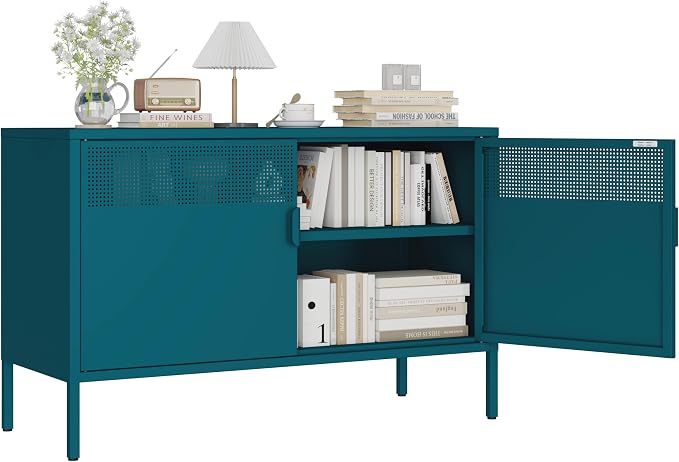 Metal Storage Cabinet with 2 Doors & Adjustable Shelves, Blue | 25"H Accent Cabinet, Metal Locker Storage Cabinets, TV Stand Cabinet for Home, Office, Living Room, Entryway