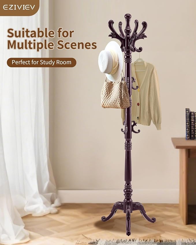 Wooden Coat Rack Stand, Solid Wood Freestanding Coat Rack, Vintage Coat Racks with 14 Hooks & Triangle Base, Heavy Duty Standing Coat Hanger Jacket Tree Stand for Office, Entryway, Hallway